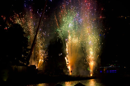 Colourful fireworks over the Vistula River in KrakÃ³wの写真素材