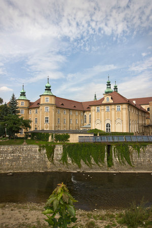Klodzko, Poland - September 8: 17th-century Church of Our Lady of the Rosary on the banks of the Nysa Klodzko RiverSeptember 8, 2022 in Klodzko, Polandの写真素材