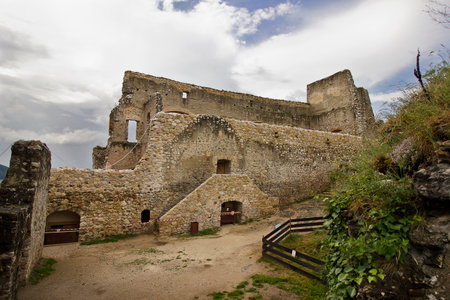 The ancient 12th century Beckov Castle in Slovakia. The courtyard of a ruined medieval castle.の写真素材