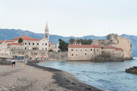 Citadel on the shore of the Adriatic Sea. The ancient 15th century St. Mary's Fortress in Budva, Montenegro.の写真素材