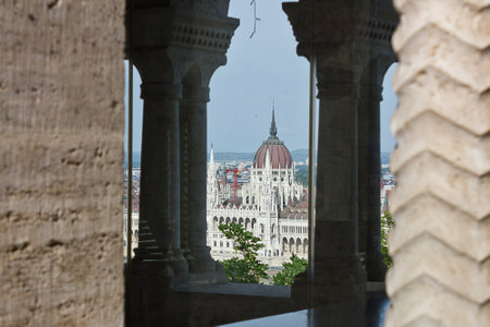Fisherman's Bastion in Budapest. View of the Hungarian Parliament building from the windowの写真素材