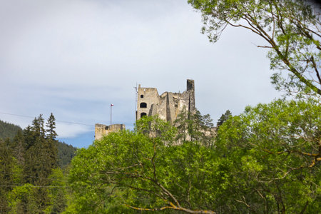 Ruins of the ancient Gothic castle Likava in Slovakia. Ruins of a 14th century castle on a mountain.の写真素材