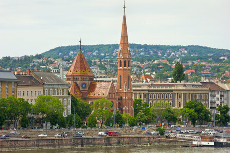 19th century Reformed Church in Budapest on the banks of the Danubeの写真素材