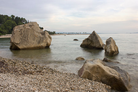 Landscape with large boulders in the sea. Sea beach with picturesque stones.の写真素材