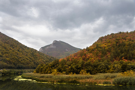 Overcast autumn landscape with mountains and riverの写真素材