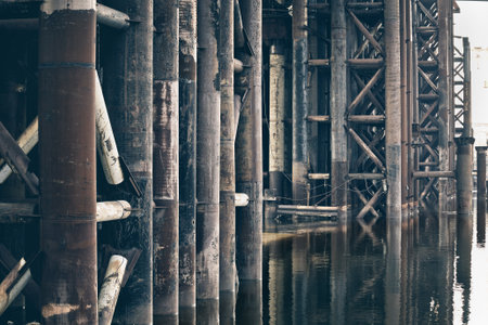 Metal unfinished bridge over the river in close-up.の写真素材