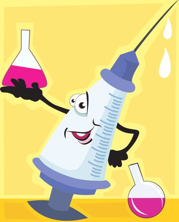 Illustration of syringe holding conical flask in a laboratory,	の写真素材