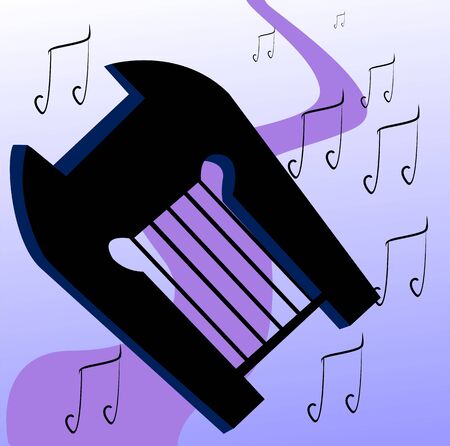 Illustration of a wooden harp in violet background	の写真素材