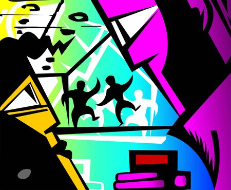 Illustration of two man dancing in a design background