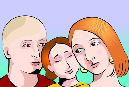 Illustration of family in blue and green design backgroundの写真素材