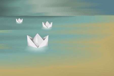 The artist feels that the paper boats are being driven by the waves to the shoreの写真素材