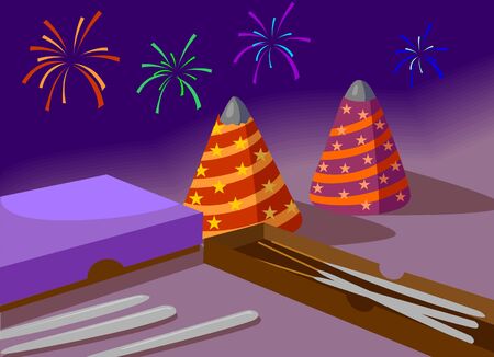 Illustration of fire crackers and two toys