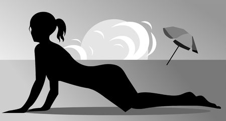 Illustration of lady exercise with sea shore and umbrellaの写真素材