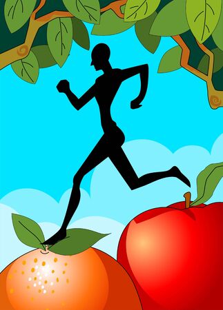 Illustration of man running  in to the tomato with tree and leafの写真素材
