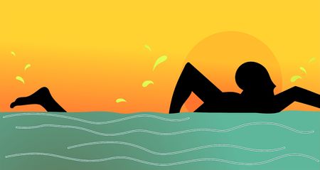 Illustration of man swimming in the water with sky and sunの写真素材
