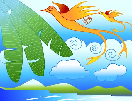 Illustration of bird flying in the sky on floral background	の写真素材