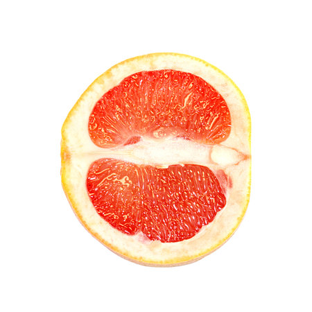 One red shiny juicy half of an grapefruit isolated on white backgroundの写真素材