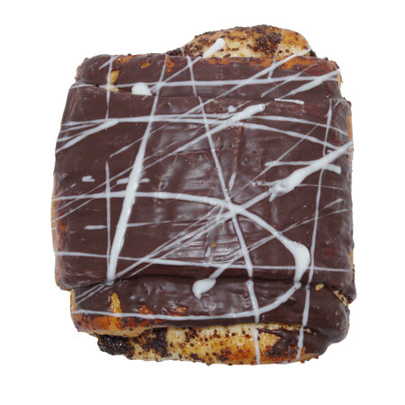 Appetizing baked sweet roll bun with poppy seeds covered with chocolate glaze isolated on white backgroundの写真素材