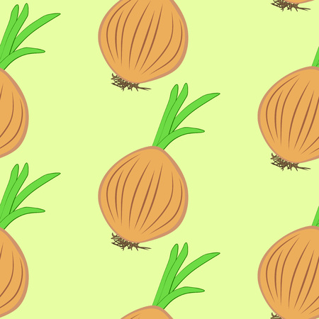 Vector illustration, bright seamless pattern, beautiful cartoon brown onion bulbs in sketch style with green sprouts on yellow backgroundのイラスト素材