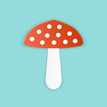 Vector illustration, amanita muscaria mushroom red with white dots in papercut style with transparent shadows isolated on blue backgroundのイラスト素材