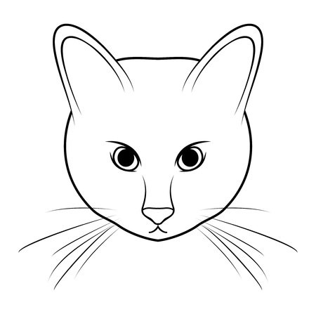 Vector illustration, isolated symmetrical head of domestic cat in black and white colors, outline hand painted drawingのイラスト素材