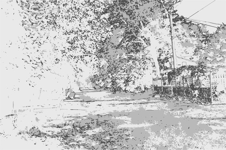 City landscape of small town with houses, trees and grass in the style of a pencil drawing. Monochrome three-color vector in grayscaleのイラスト素材