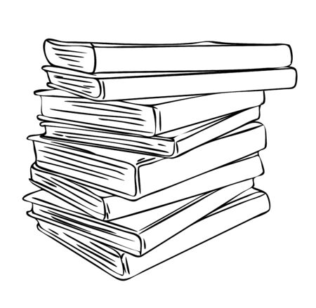 Vector illustration, isolated stack of sloppy folded various books in black and white colors, outline hand painted drawingのイラスト素材