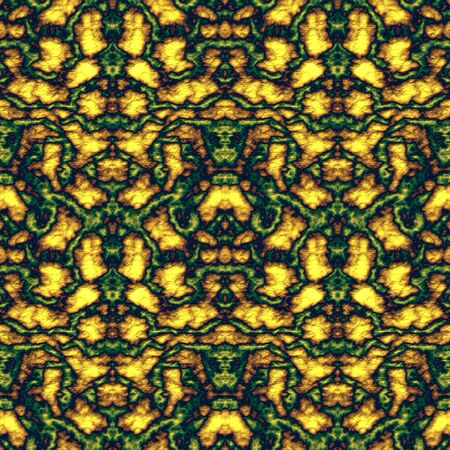 Digital illustration, geometric abstract seamless pattern with 3d relief effect. Green, black and orange colorsの写真素材