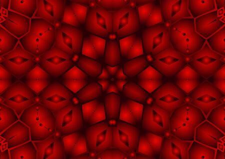 Digital illustration, geometric abstract colorful kaleidoscope symmetrical pattern with gradient effect. Vintage beautiful decorative red backgroundの写真素材