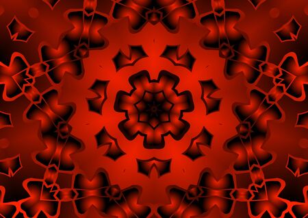 Digital illustration, geometric abstract colorful kaleidoscope symmetrical pattern with gradient effect. Vintage beautiful decorative red backgroundの写真素材