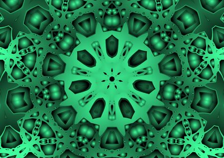 Digital illustration, geometric abstract colorful kaleidoscope symmetrical pattern with gradient effect. Vintage beautiful decorative green backgroundの写真素材