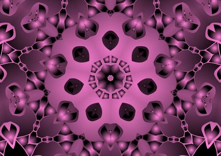 Digital illustration, geometric abstract colorful kaleidoscope symmetrical pattern with gradient effect. Vintage beautiful decorative pink backgroundの写真素材