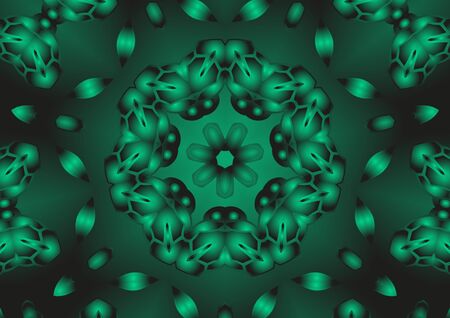 Digital illustration, geometric abstract colorful kaleidoscope symmetrical pattern with gradient effect. Vintage beautiful decorative green backgroundの写真素材