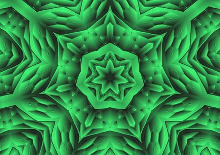 Digital illustration, geometric abstract colorful kaleidoscope symmetrical pattern with gradient effect. Vintage beautiful decorative green backgroundの写真素材