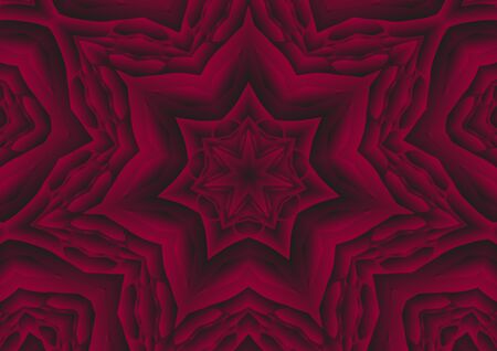 Digital illustration, geometric abstract colorful kaleidoscope symmetrical pattern with gradient effect. Vintage beautiful decorative red backgroundの写真素材