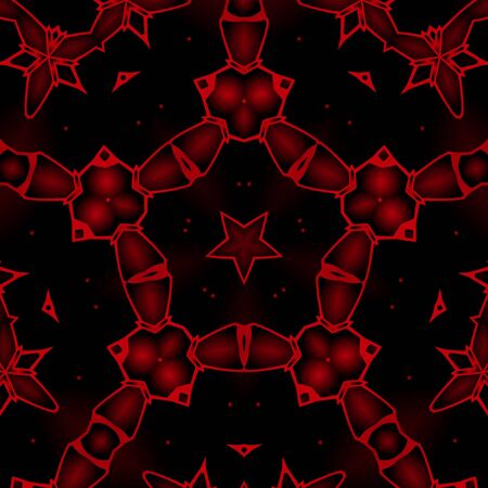 Digital illustration, geometric abstract colorful kaleidoscope symmetrical pattern with gradient effect. Vintage beautiful decorative red backgroundの写真素材