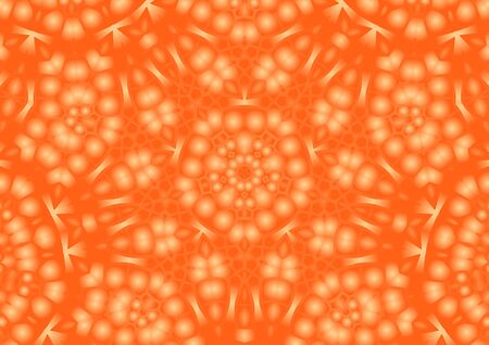 Digital illustration, geometric abstract colorful kaleidoscope symmetrical pattern with gradient effect. Vintage beautiful decorative orange backgroundの写真素材