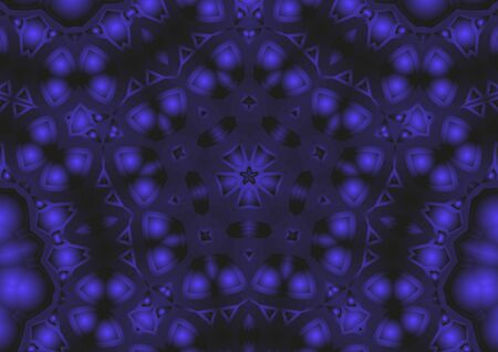 Digital illustration, geometric abstract colorful kaleidoscope symmetrical pattern with gradient effect. Vintage beautiful decorative blue backgroundの写真素材