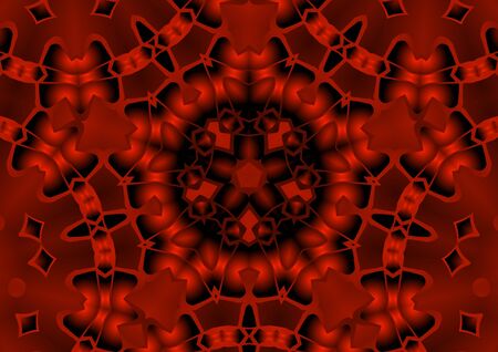 Digital illustration, geometric abstract colorful kaleidoscope symmetrical pattern with gradient effect. Vintage beautiful decorative red backgroundの写真素材