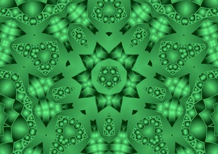 Digital illustration, geometric abstract colorful kaleidoscope symmetrical pattern with gradient effect. Vintage beautiful decorative green backgroundの写真素材