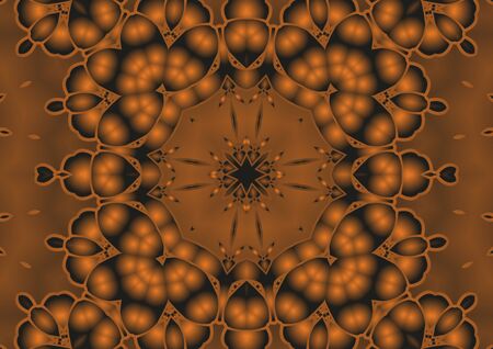 Digital illustration, geometric abstract colorful kaleidoscope symmetrical pattern with gradient effect. Vintage beautiful decorative orange backgroundの写真素材