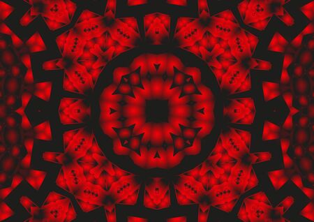 Digital illustration, geometric abstract colorful kaleidoscope symmetrical pattern with gradient effect. Vintage beautiful decorative red backgroundの写真素材