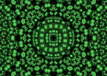 Digital illustration, geometric abstract colorful kaleidoscope symmetrical pattern with gradient effect. Vintage beautiful decorative green backgroundの写真素材