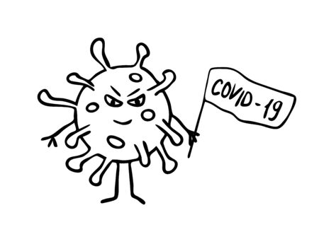 Smiling angry coronavirus virus with flag and inscription COVID-19, cartoon caricature line sketch in black and white colorsのイラスト素材