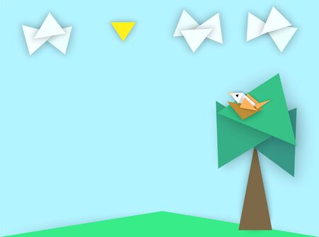 Bird in nest on a tree, sun and clouds, vector illustration in abstract style of paper cut from triangles, background with empty copy spaceのイラスト素材