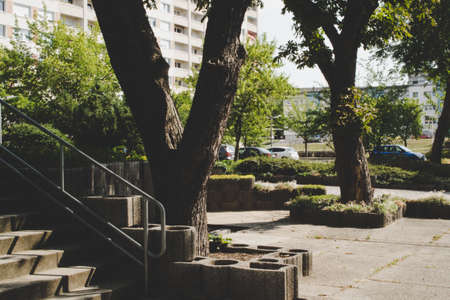 RIESA/GERMANY - July 23/2018: Photo of cityscape with houses, asphalt road and trees on a sunny dayのeditorial素材