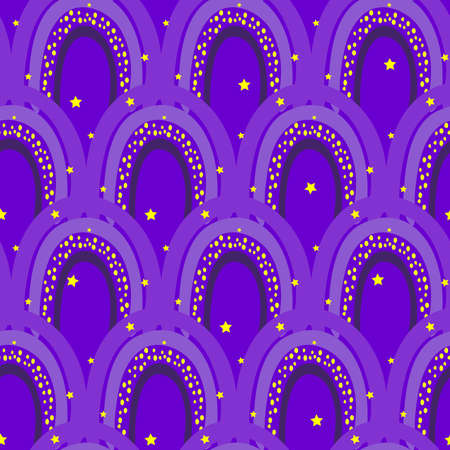 Seamless pattern of cute night cartoon rainbow with stars, original doodle vector drawingのイラスト素材