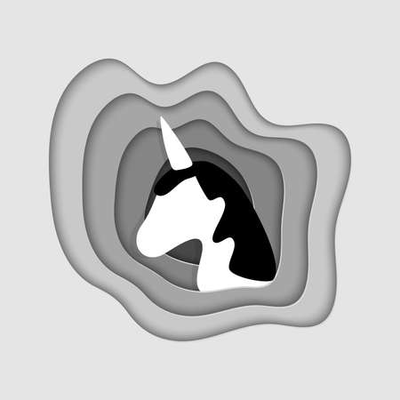 Black and white image of a unicorn in a cloud in paper cut style, original monochrome vector illustrationのイラスト素材