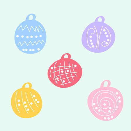 Set of cute cartoon color christmas decoration balls, original doodle vector drawingのイラスト素材