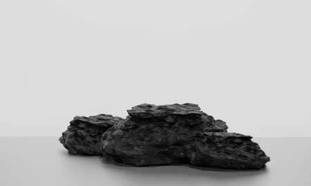 Scene with for mock up presentation with black coal stones as pedestals in minimalist style with copy space, 3d render abstract background designの写真素材